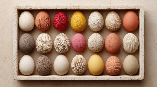 Organized grid of diverse decorated Easter eggs with geometric and floral motifs for seasonal marketing and festive spring celebration imagery
