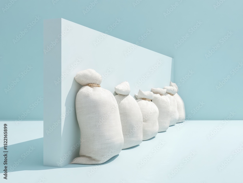 Poster clean minimalist sandbag barrier against floodwaters with tactical arrangement for emergency flood c