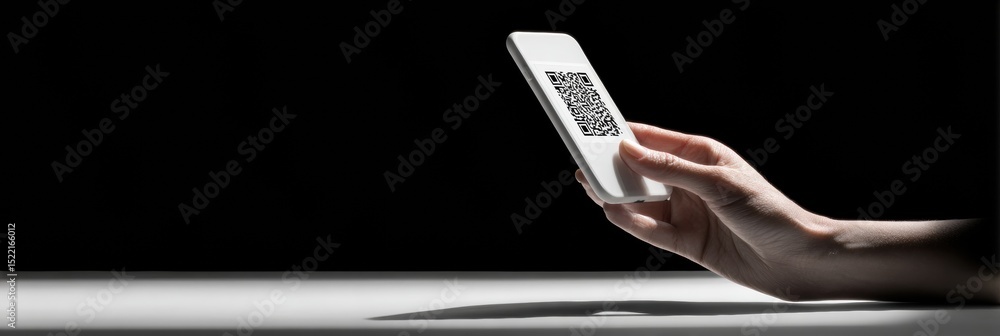 Poster high-contrast silhouette hand holding smartphone scanning qr code for secure contactless payment in 
