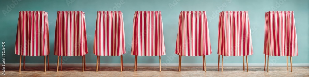 Poster patriotic voting booths in symmetrical row at us polling station with soft pastoral lighting and org