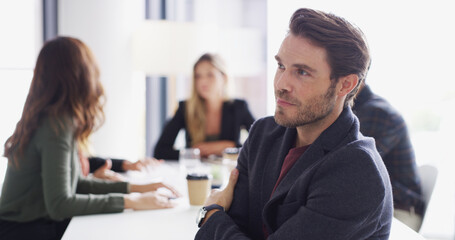 Thinking, meeting or man in boardroom for brainstorming, vision and public relations agency. Business ideas, media manager and publicist in office for brand awareness, campaign and corporate project