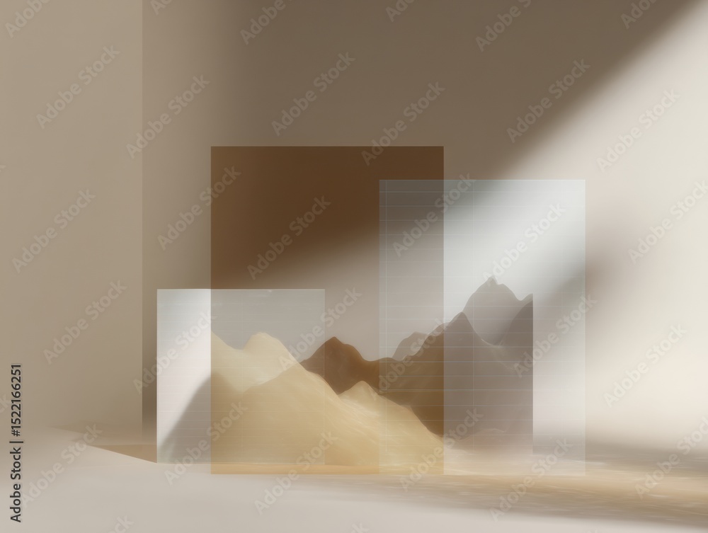 Poster abstract financial data visualization with fluctuating glass charts in neutral minimalist style show