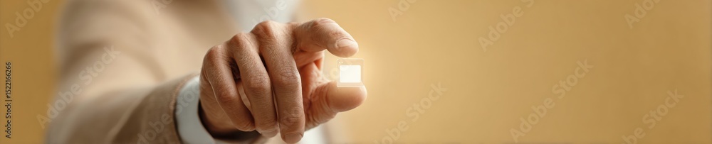 Aufkleber Warm Cozy Businessman Interacting with Virtual Request Interface in Earthy Office Setting Featuring Touchscreen Tech and Streamlined Digital Workflow