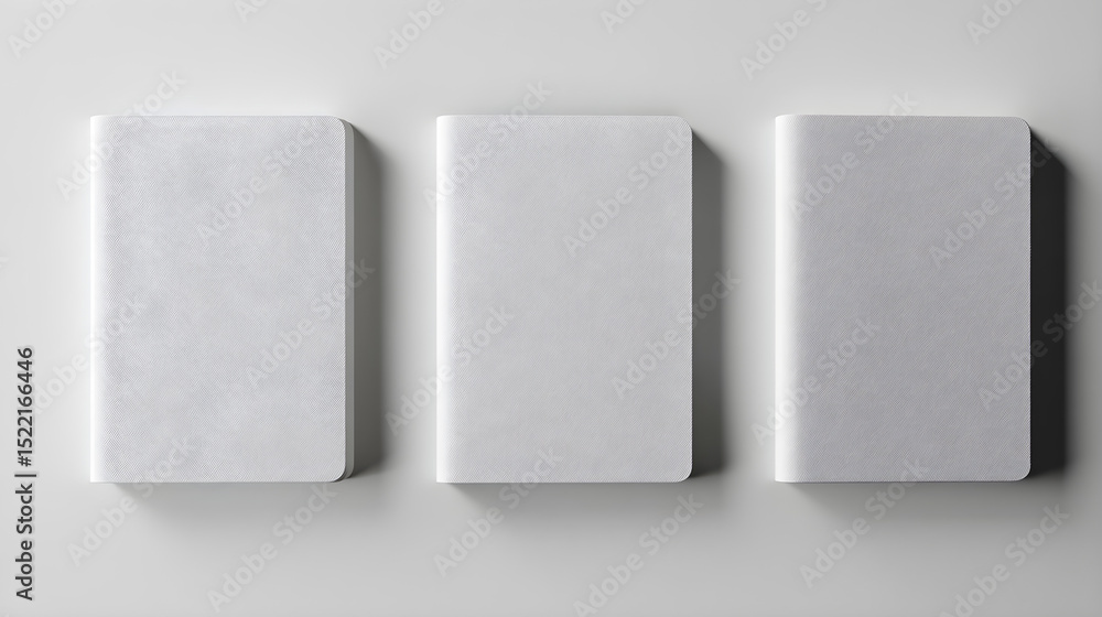 Poster three white books standing side by side on a white surface in a well lit studio environment setting