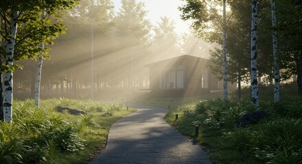 Idyllic woodland retreat showcasing modern architecture enveloped in morning mist