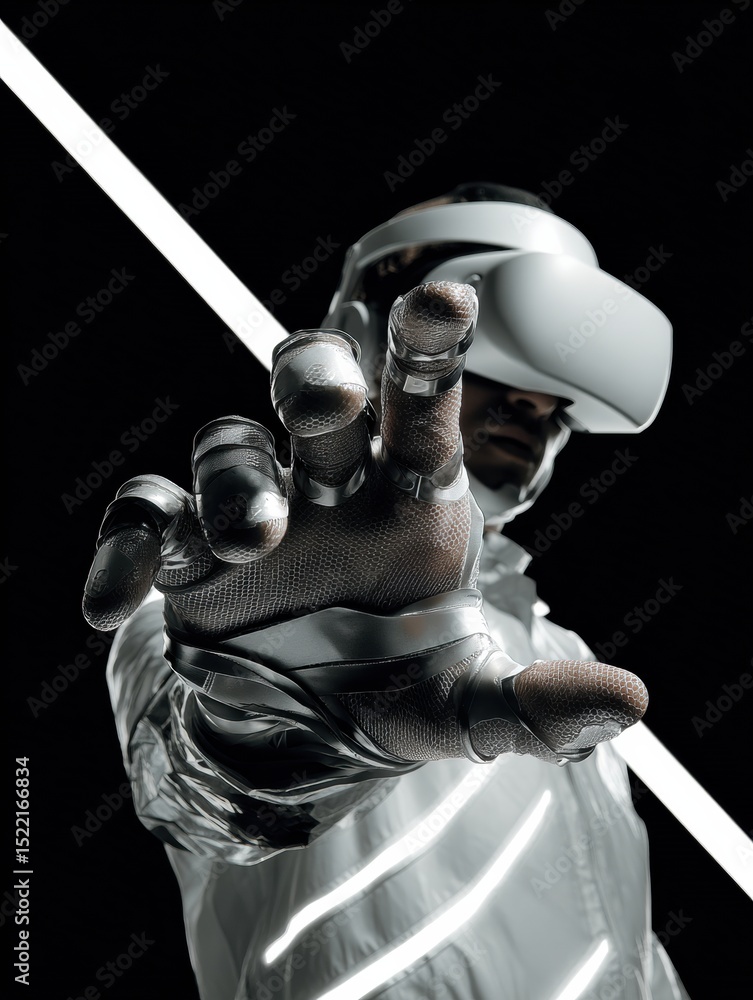 Poster immersive virtual reality experience with haptic feedback gloves and vr headset in dramatic monochro
