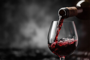 Red wine pouring from an unbranded bottle into a glass on a dark background
