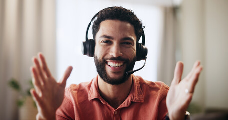 Video call, portrait and smile with man in home office for webinar, virtual conference and chat....