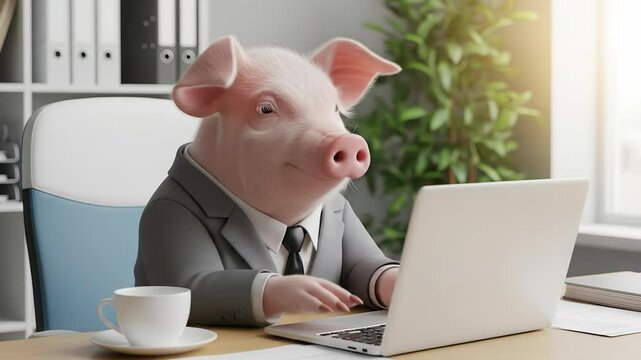 Pink Pig in Gray Suit Works on Laptop in Bright Office