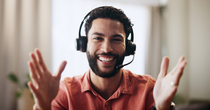 Video call, portrait and smile with man in home office for webinar, virtual conference and chat. Connection, remote work and online meeting with person and headset for communication and network POV - Powered by Adobe