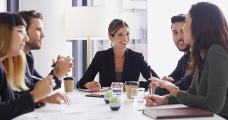 Discussion, group and colleagues in boardroom, smile and collaboration for investment and...