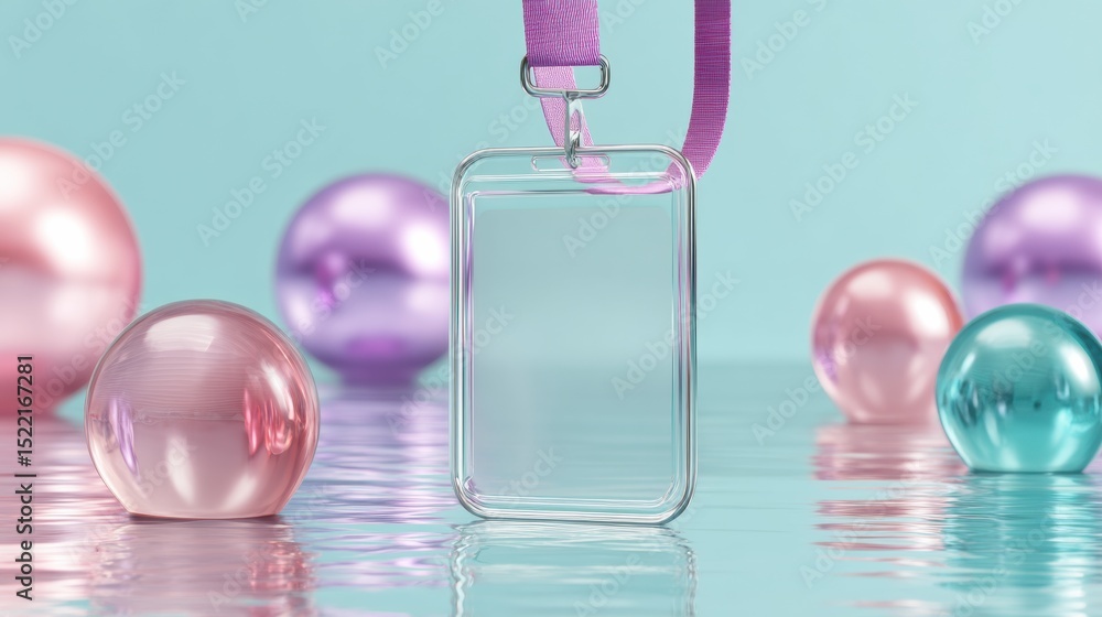 Aufkleber transparent event pass plastic id badge with adjustable clip hanging on purple ribbon in reflective 