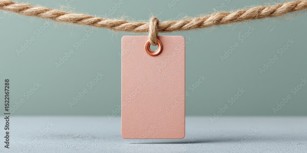 Poster Minimalist Event Pass with Blank Rectangular Name Tag Hanging on Natural Rope, Neutral Background for Professional Access Control and Corporate Branding