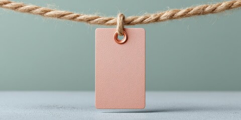 Minimalist Event Pass with Blank Rectangular Name Tag Hanging on Natural Rope, Neutral Background for Professional Access Control and Corporate Branding