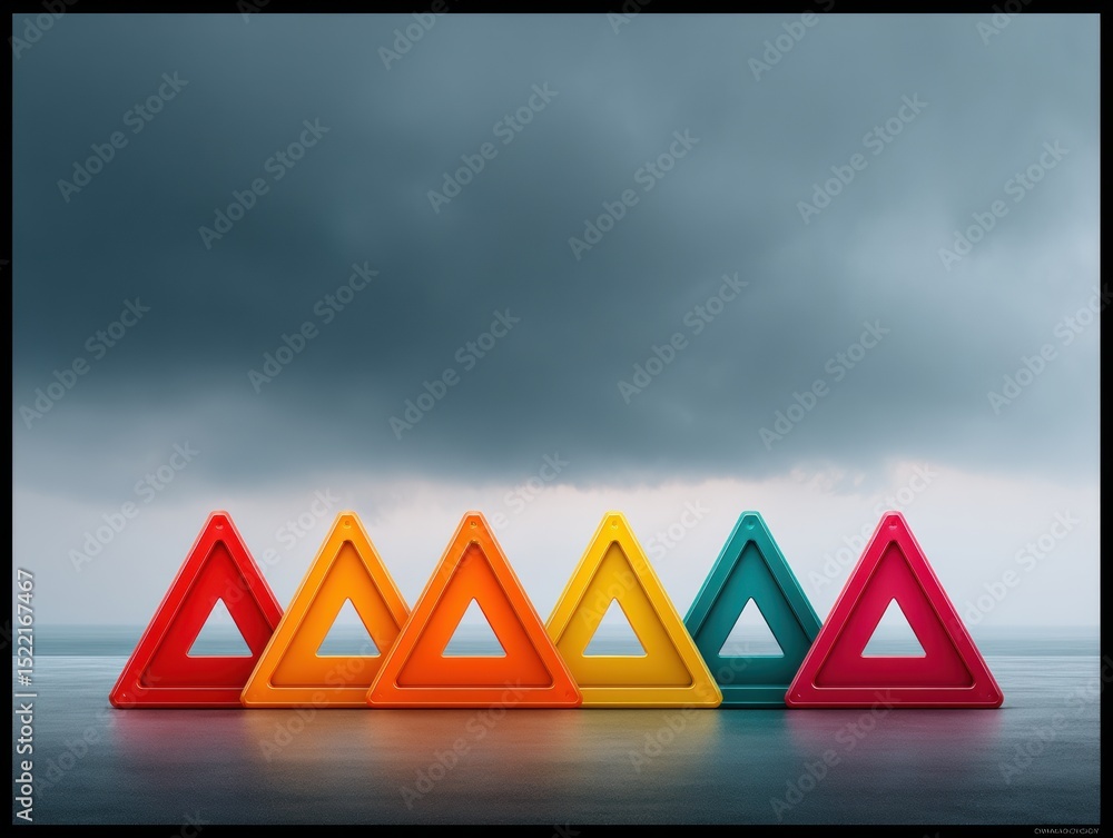 Aufkleber Colorful Emergency Lockdown Warning Triangles with Numbered Levels on Moody Horizon for Crisis Communication and Escalating Restriction Visuals