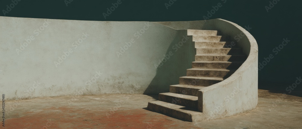 Poster minimalist concrete spiral staircase with rustic floor, clean modern design for architectural visual