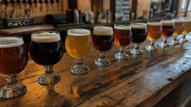 A row of craft beers in unique glasses illustrates different styles and colors at a bar, inviting exploration of flavors and aromas