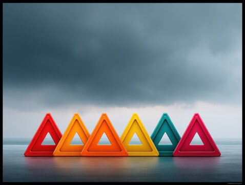 Colorful Emergency Lockdown Warning Triangles with Numbered Levels on Moody Horizon for Crisis Communication and Escalating Restriction Visuals - Powered by Adobe