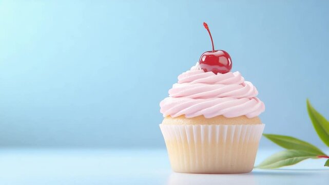Sweet Indulgence: A delectable cupcake topped with a vibrant red cherry, a symbol of simple pleasures and delightful moments. against a soft pastel blue backdrop.