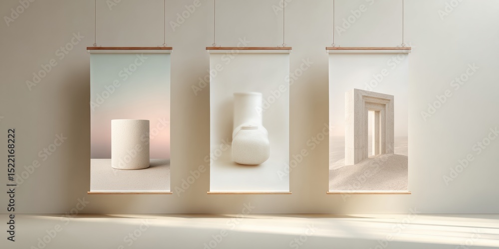 Poster minimalist traditional hanging scrolls displayed in museum gallery with soft natural lighting and ne