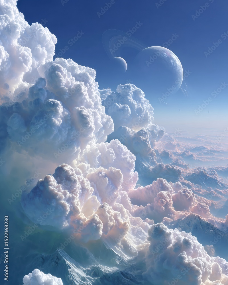 Poster Celestial Landscape with Multiple Ringed Planets and Nebula Clouds in a Surreal Alien Mountain Setting for Sci-Fi Gaming and Space Exploration Media