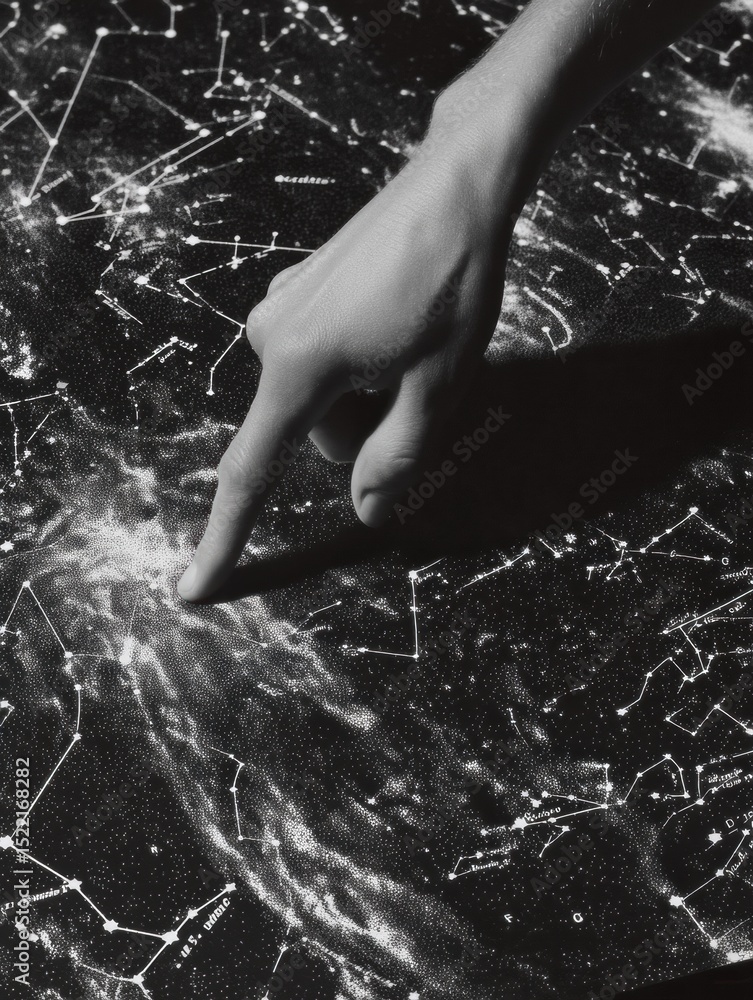 Poster modern celestial map and human hand tracing constellations in black and white for astronomy educatio