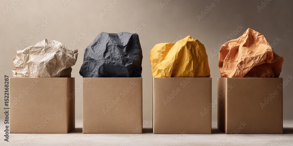 Aufkleber sustainable packaging with crumpled protective paper in cardboard boxes on neutral background for ec