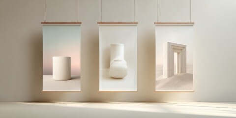 Minimalist Traditional Hanging Scrolls Displayed in Museum Gallery with Soft Natural Lighting and Neutral Monochromatic Palette for Cultural Promotion
