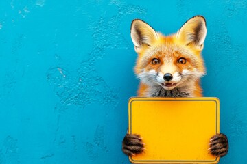 Ad board and cute beast. Cute baby animal fox hold in front paws a layout - large yellow zoo sign. Studio pet for campaign. Isolated baby animal on a solid uniform blue background.