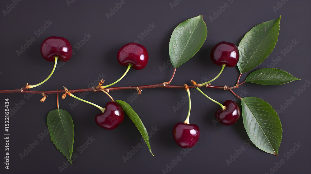 Poster a branch of cherries with leaves on a dark background viewed from directly above in a studio shot