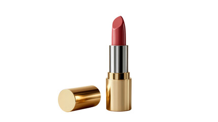 Fototapeta premium Rose Gold Lipstick: A luxurious rose gold lipstick tube and cap, isolated on a white background. The elegant design showcases a sophisticated and modern aesthetic. 