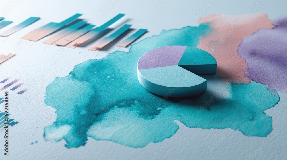 Aufkleber Abstract Asset Diversification Visualization with Pie Chart and Watercolor Textures Representing Strategic Investment Portfolio Analysis