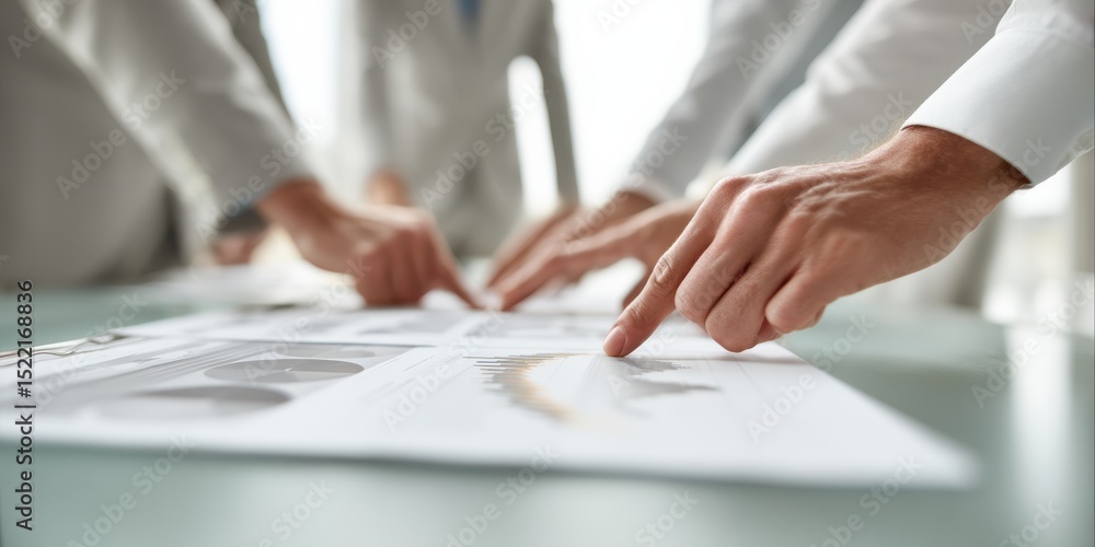 Aufkleber Collaborative Business Meeting with Professionals Analyzing Printed Reports and Data Sheets Innovation Focus for Strategic Decision-Making in Corporate Settings