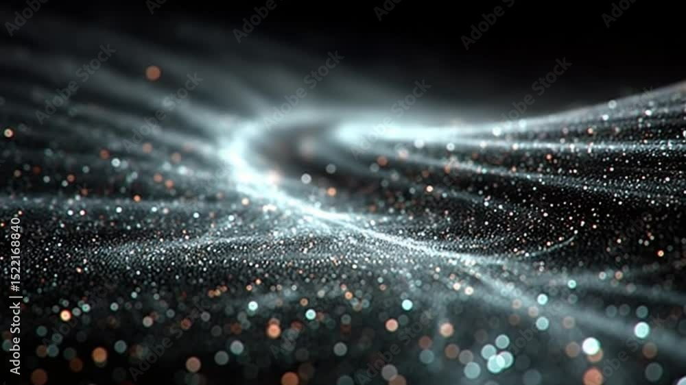 Poster celestial swirl: abstract digital art depicting a mesmerizing swirl of shimmering particles, evoking