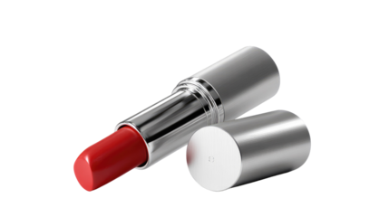 Lipstick in Silver Case: A close-up studio shot of a vibrant red lipstick with a silver tube, projecting elegance and a sense of luxury