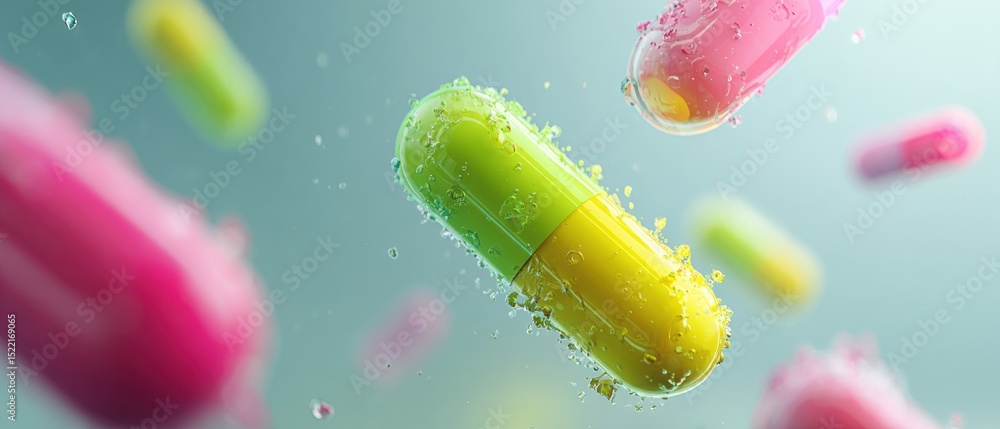Poster futuristic pharmaceutical capsules with digital data streams in advanced laboratory for innovative d