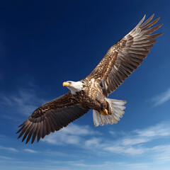 Obraz premium Eagle soaring high in the sky with wings spread wide against a backdrop of blue and white clouds