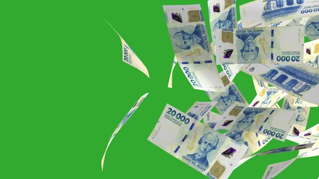 3D animation of Argentina peso notes moving flying passing blown away from left to right on Green screen  background. Currency video transition effect overlay