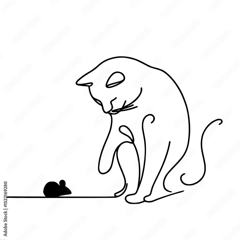 Poster cat observing a mouse in a minimalistic single line outline vector