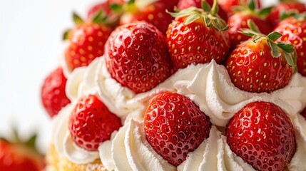 A close-up of a light and airy strawberry shortcake, topped with a swirl of white frosting and whole strawberries, the details of the layers visible against a clean white background.