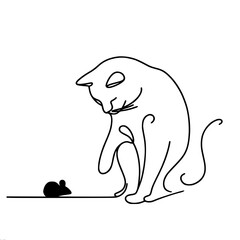 Cat observing a mouse in a minimalistic single line outline vector  