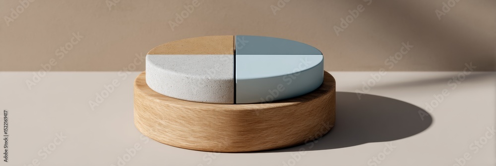 Poster minimalist portfolio hedge pie chart on wooden base with neutral backdrop for corporate finance risk