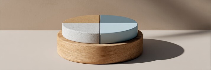 Minimalist Portfolio Hedge Pie Chart on Wooden Base with Neutral Backdrop for Corporate Finance Risk Management and Asset Allocation Visualization