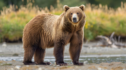 A brown bear standing in a field near a body of water looking directly at the camera with a neutral face