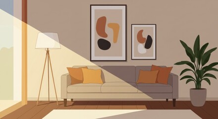 Cozy interior scene with modern artwork and soft lighting from the window