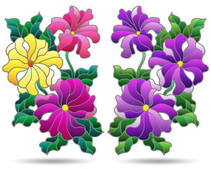 A set of contour illustrations in the style of stained glass with compositions of petunia flowers, flowers isolated on a white background