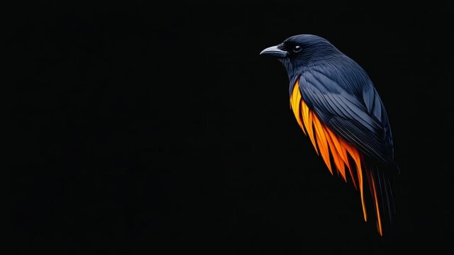 A striking blackbird perched against a dark background, showcasing vibrant orange wing feathers