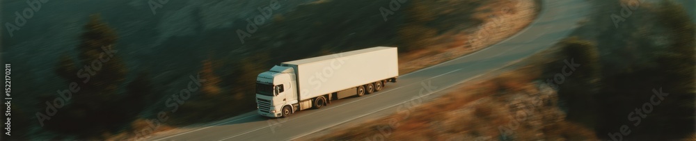 Poster autonomous semi-truck navigating curved highway at night with illuminated sensors and flowing river,