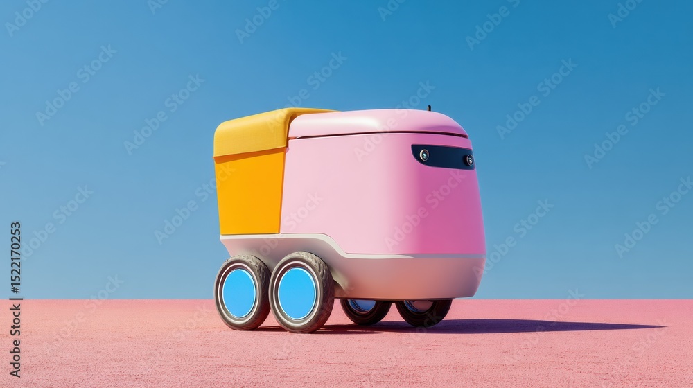 Poster Compact Autonomous Delivery Robot with Wheels and Cargo Compartment in Minimalist Style for Innovative Tech and Modern Logistics Solutions
