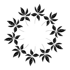 Isolated round vector wreath composed of abstract black leaves featuring white veins, designed in a modern minimal flat style on white background.